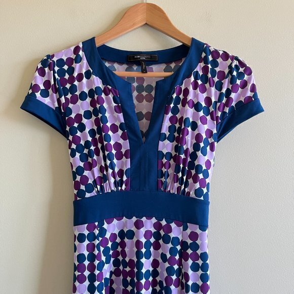 Bcbgmaxazria Dots Print Midi Flare Dress Split Neck Short Sleeve Belted … - Picture 2 of 8